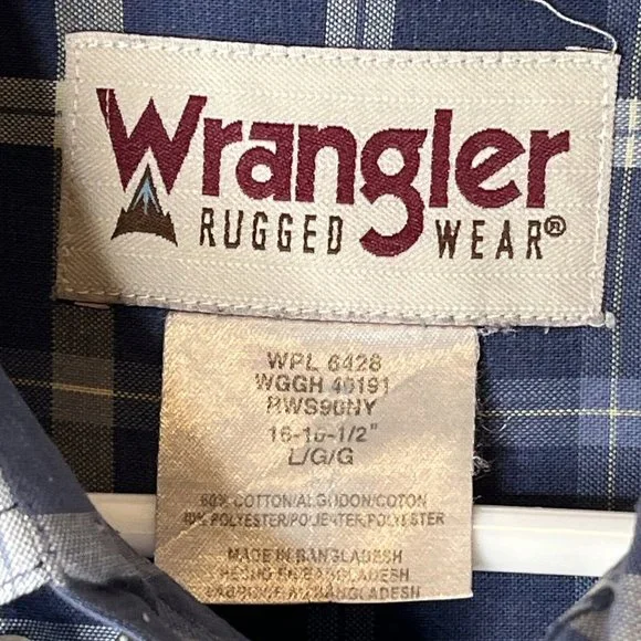 Wrangler Mens Button Down Shirt LG Blue Plaid Short Sleeve Rugged Wear Outdoors - Picture 6 of 10